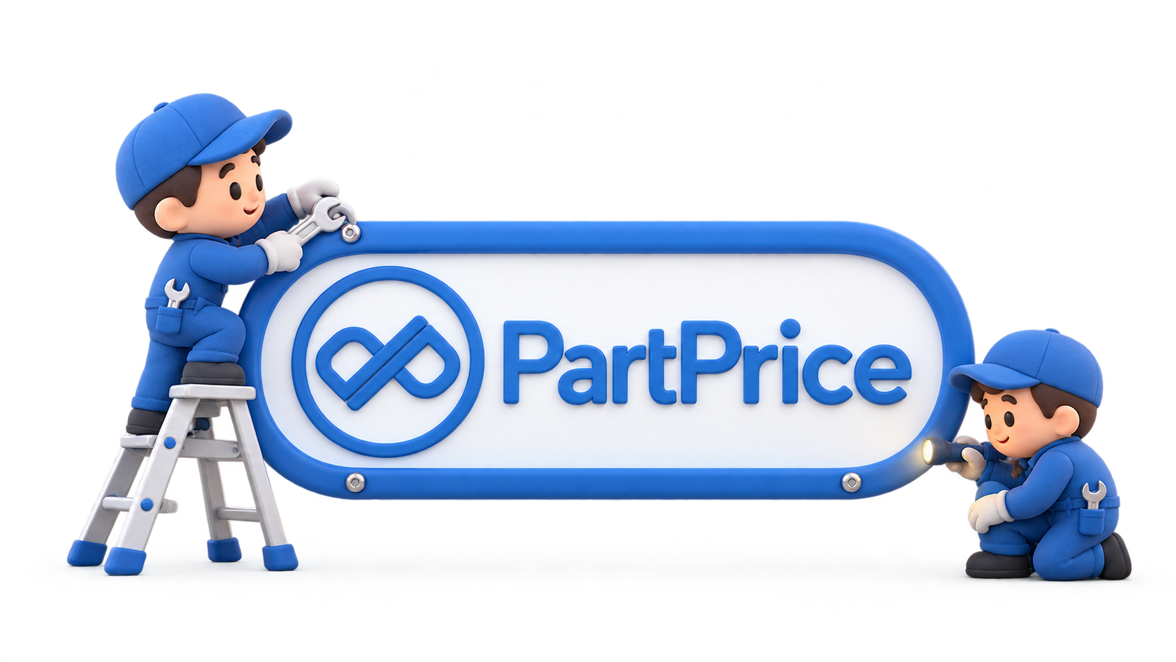 Майстри в синіх комбінезонах ремонтують вивіску PartPrice